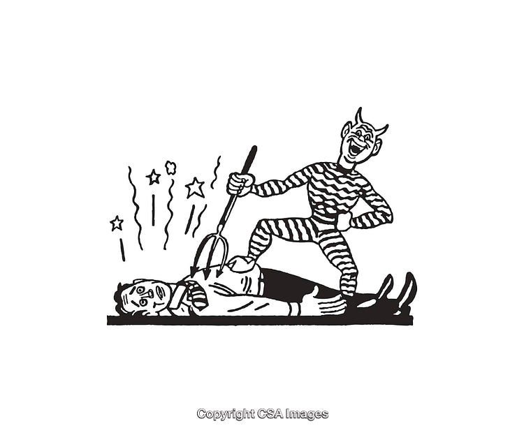 Black and White Line Art of a Devilish Figure Overpowering a Man