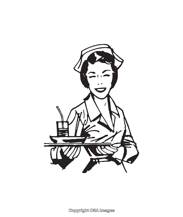 Vintage Waitress Serving a Beverage on a Tray in Black and White Art