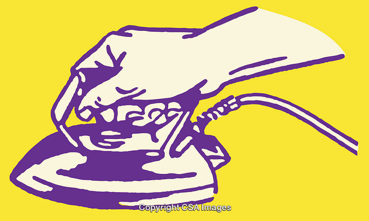Colorful Line Art of a Hand Holding an Iron on Yellow Background