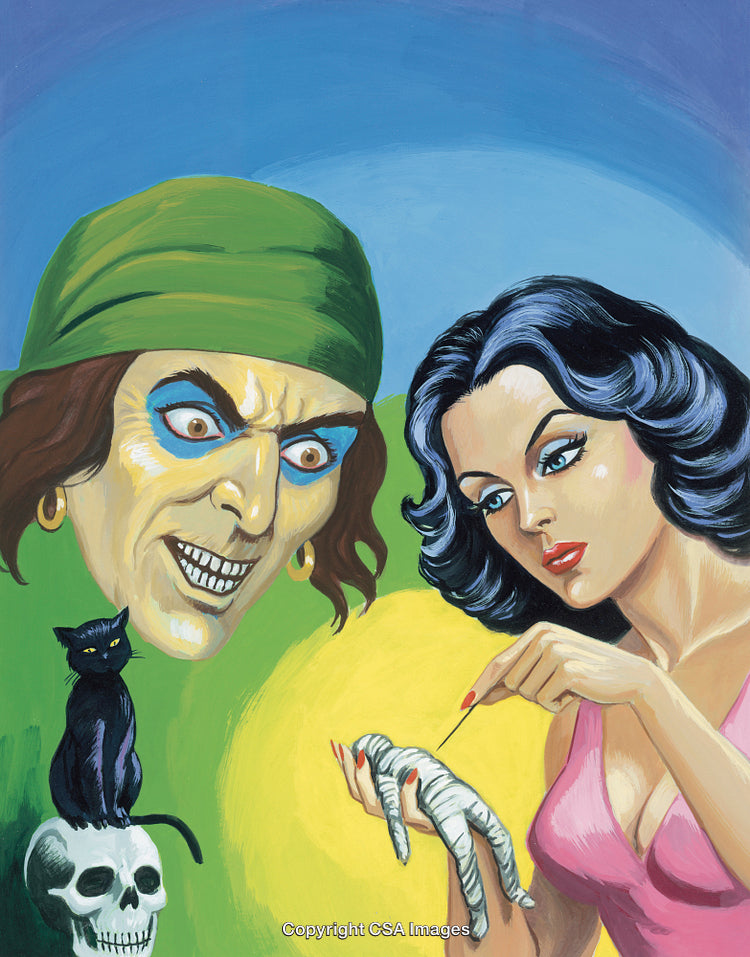 Mysterious Occult Scene Featuring Woman And Skull With Intense Expressions