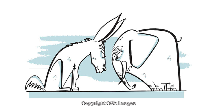 Illustration of Elephant and Donkey in Face-Off Symbolizing Rivalry