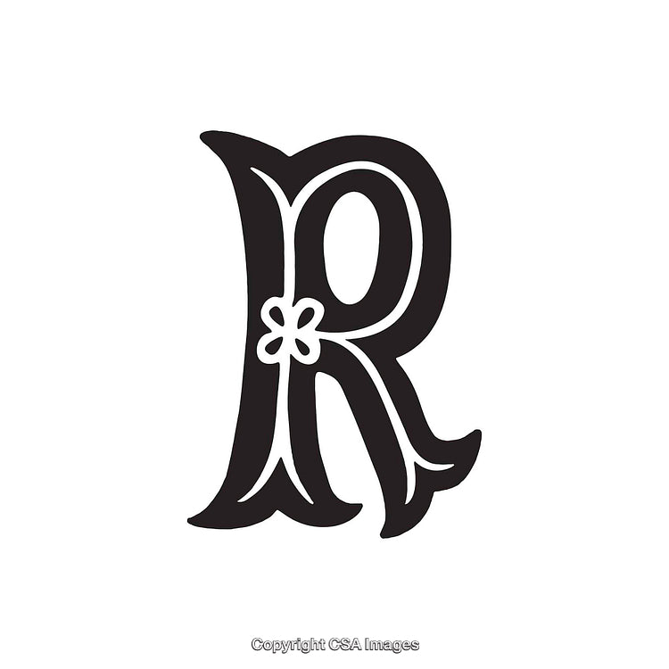 Decorative Black Letter R with Floral Design on White Background