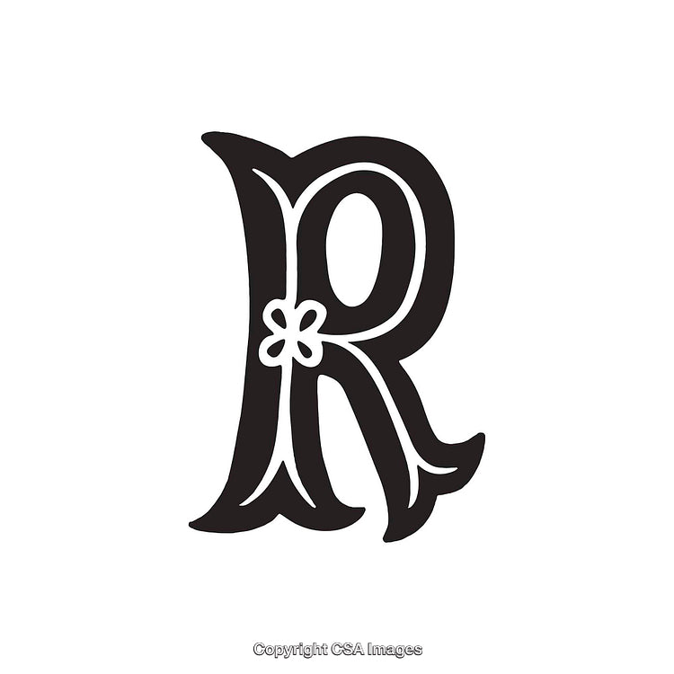 Decorative Black Letter R with Floral Design on White Background