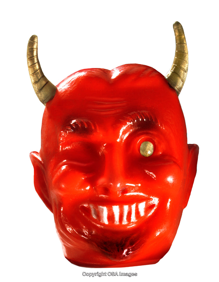 Red Toy Devil Head with Horns and Dramatic Expression Closeup