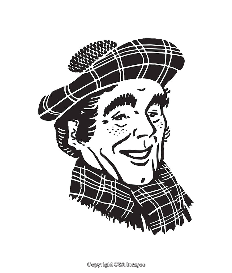 Black and White Line Art of a Smiling Portrait Wearing a Tartan Hat