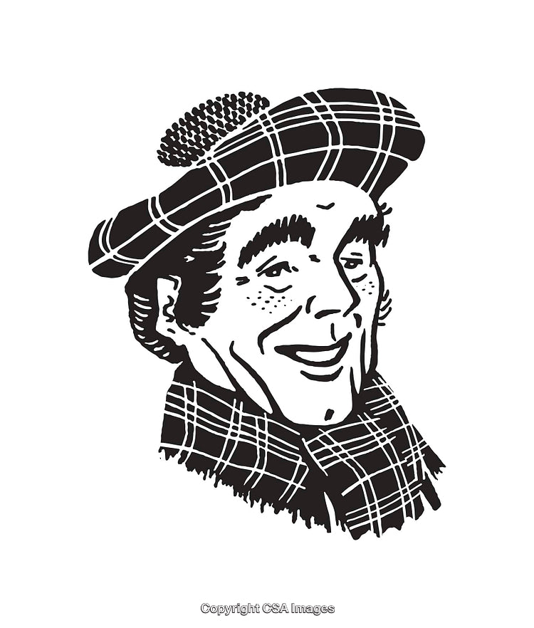 Black and White Line Art of a Smiling Portrait Wearing a Tartan Hat