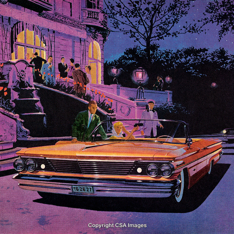 Elegant Evening Scene With Classic Convertible and Stylishly Dressed Guests