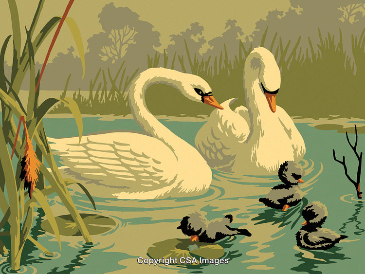 Elegant Swans with Ducklings in Serene Watercolor Landscape Illustration