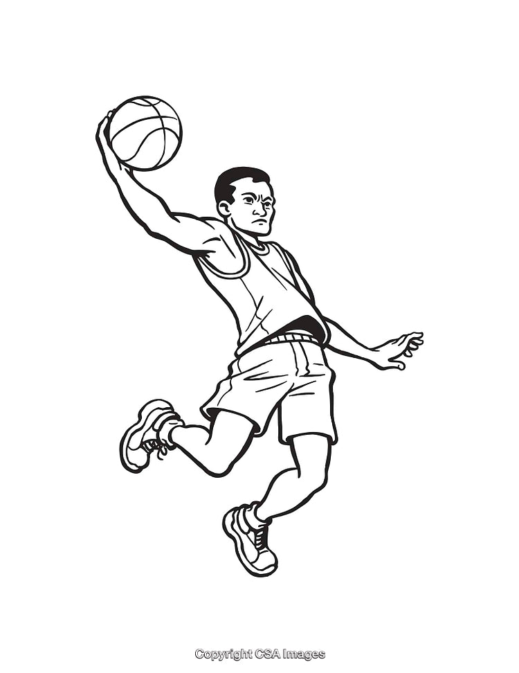 Dynamic Black and White Illustration of a Basketball Player Dunking