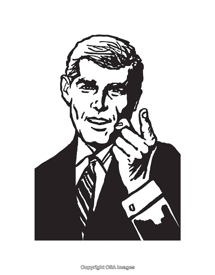 Retro Black and White Line Art of a Businessman Gesturing