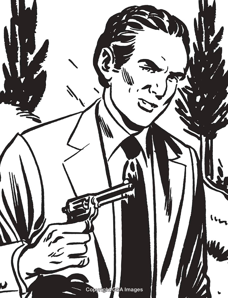 Dramatic Black and White Illustration of a Man Holding a Revolver