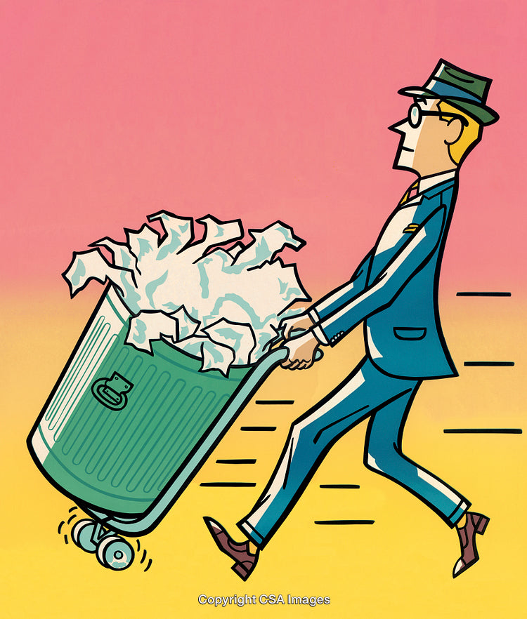 Businessman Pushing Trash Can Full of Papers in Lively Cartoon Style