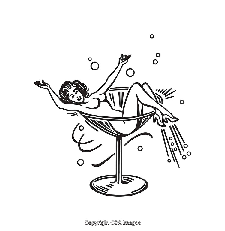 Illustration of a Woman Relaxing in a Champagne Glass with Bubbles