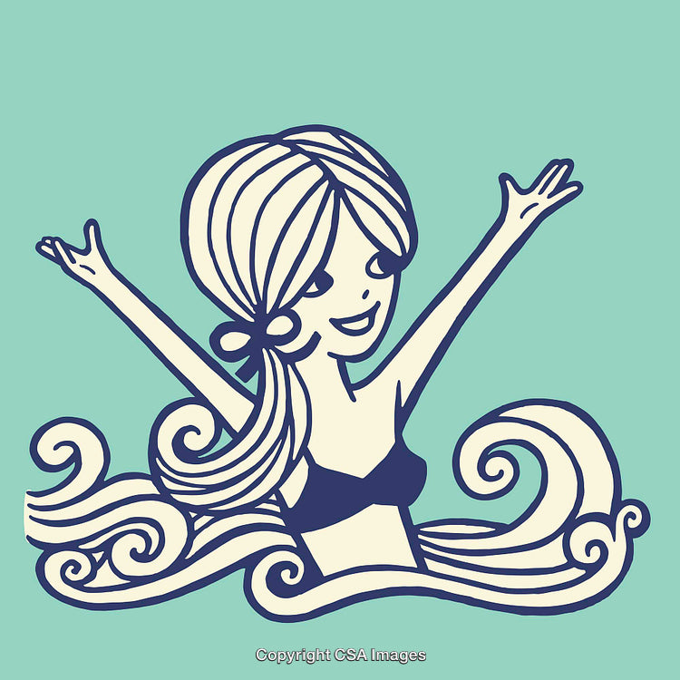 Playful Girl in Ocean Waves Illustration on Aqua Background