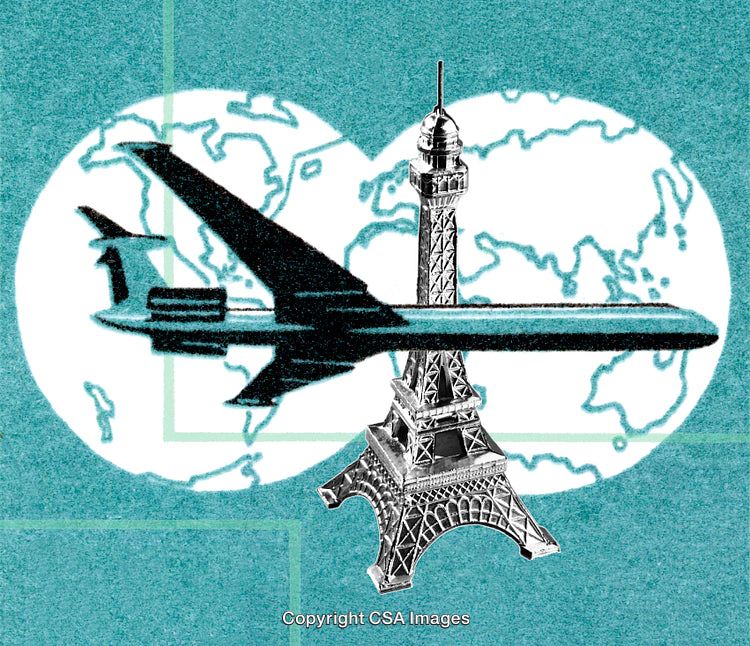 Airplane and Eiffel Tower Toy Figures on Global Map Background