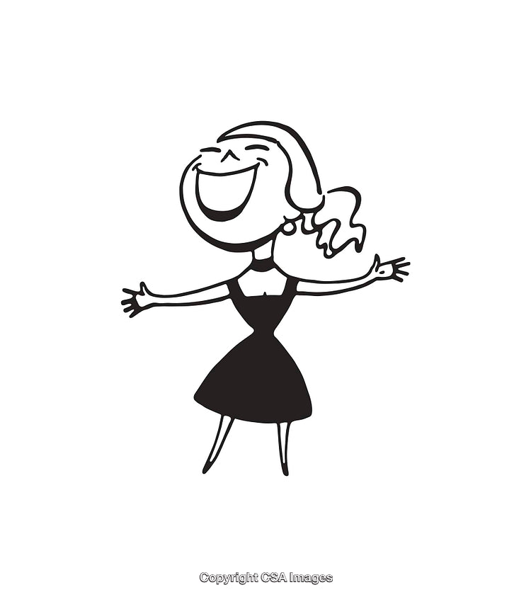 Happy Cartoon Woman with Arms Outstretched in Cheerful Line Art Illustration