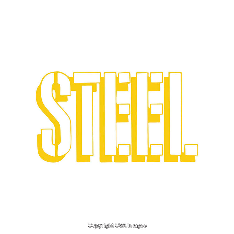 Yellow Stylized Word Art Displaying the Word Steel on a White Background