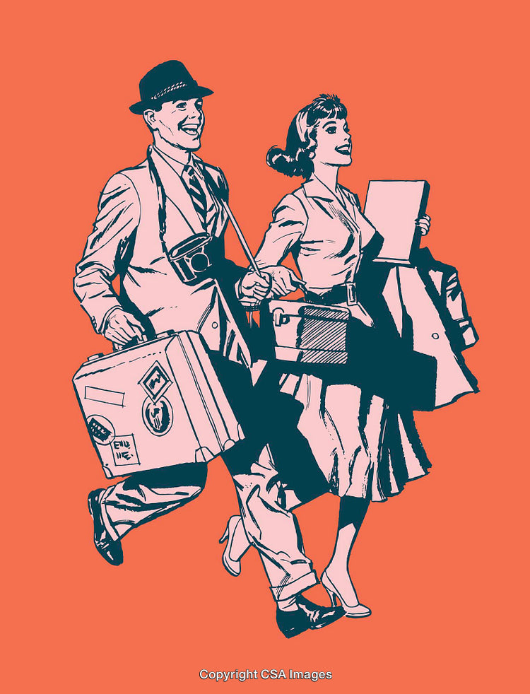 Vintage Styled Illustration of a Traveling Couple with Luggage