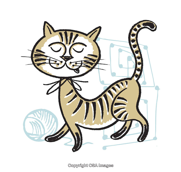 Playful Cartoon Illustration of a Happy Tabby Cat and Yarn Ball