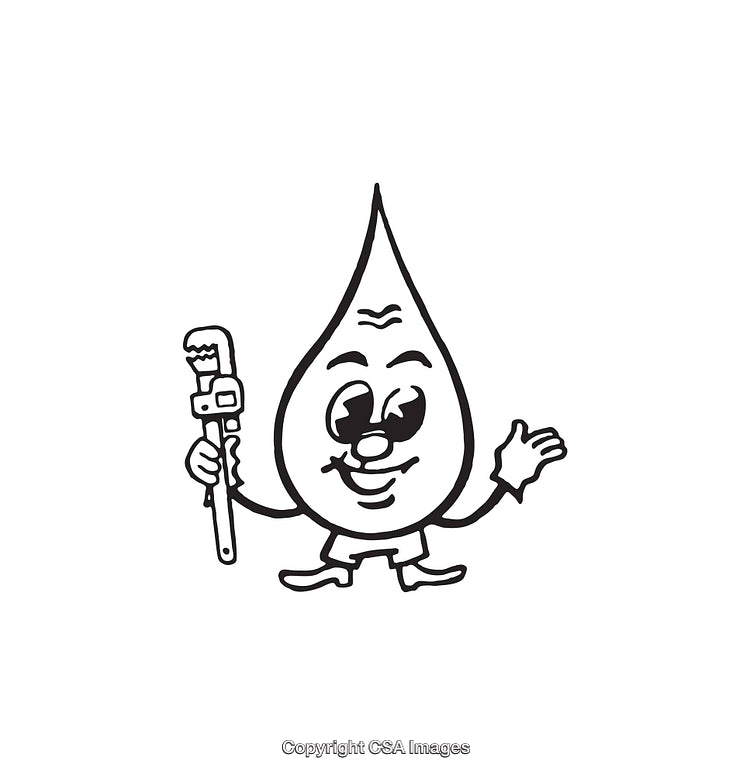 Cartoon Water Drop With Wrench in Black and White Line Art