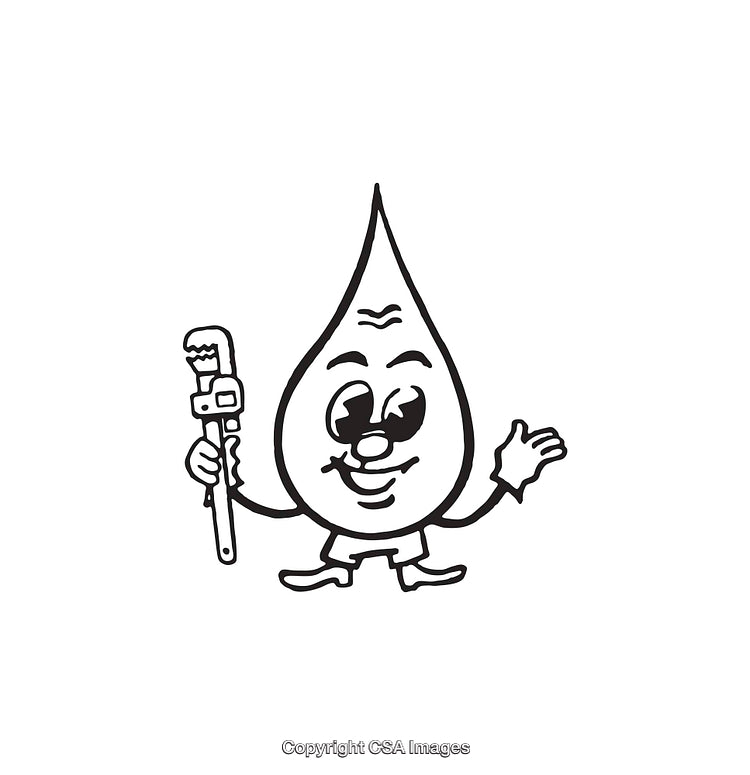 Cartoon Water Drop With Wrench in Black and White Line Art