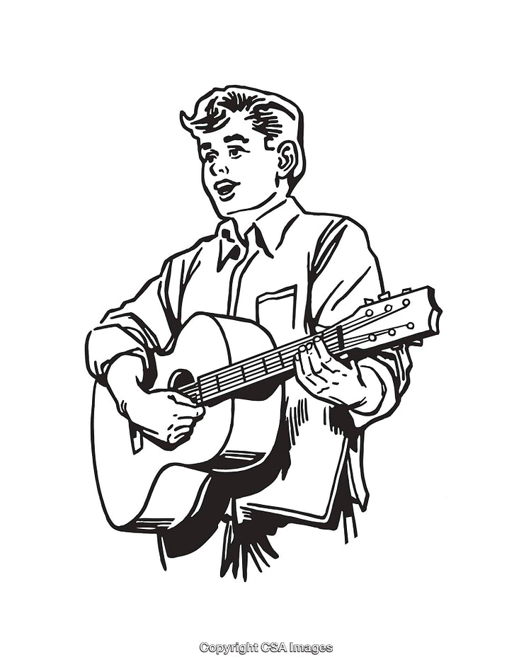 Black And White Line Art of a Boy Playing Acoustic Guitar
