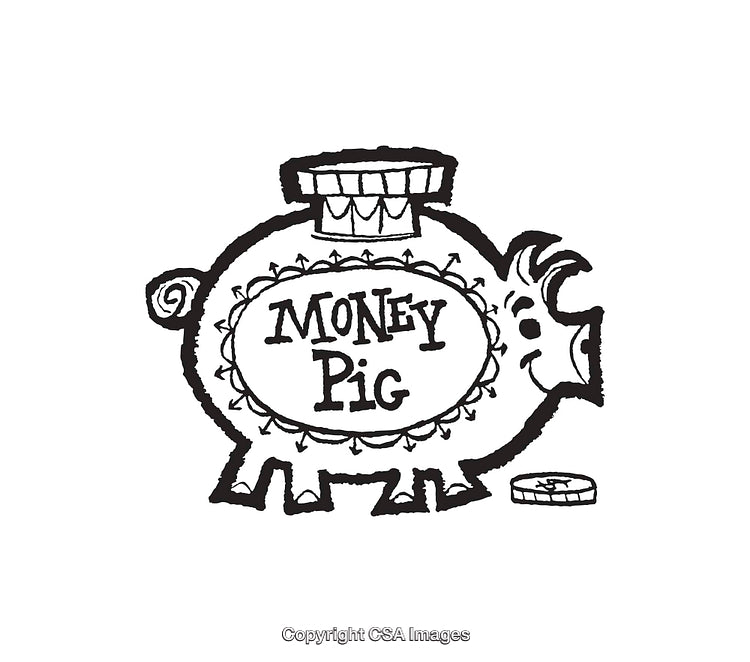 Whimsical Black and White Line Art of a Decorated Piggy Bank