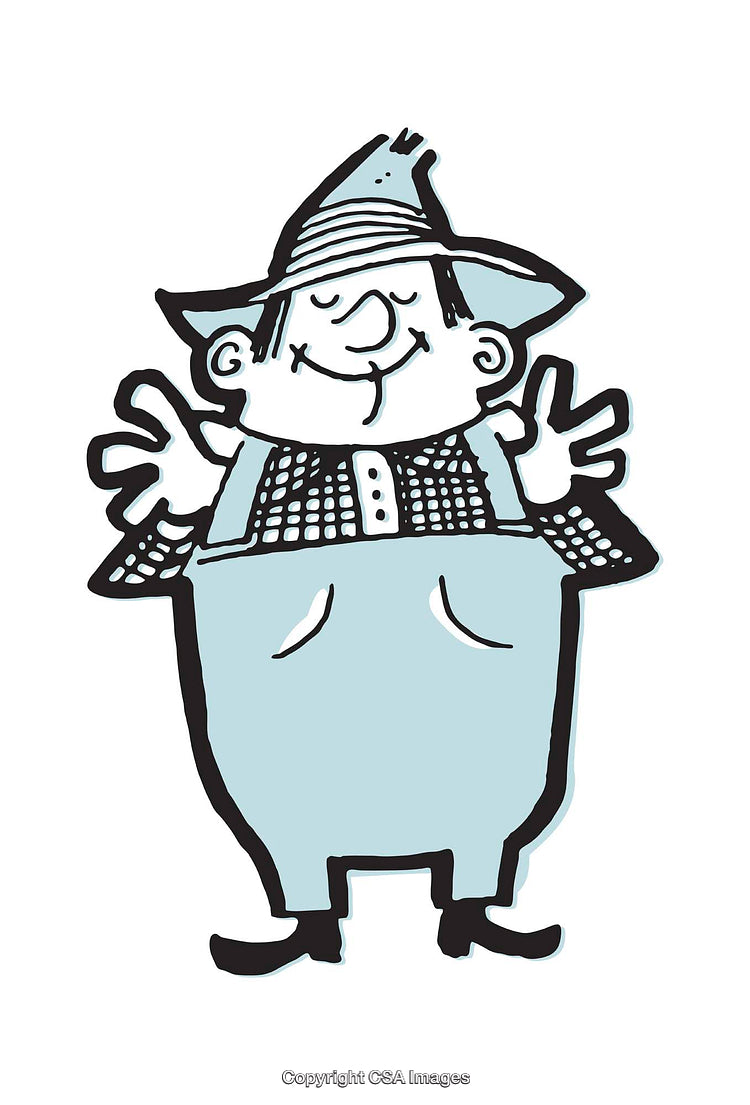 Whimsical Cartoon Illustration of Cheerful Character in Fun Overalls and Hat