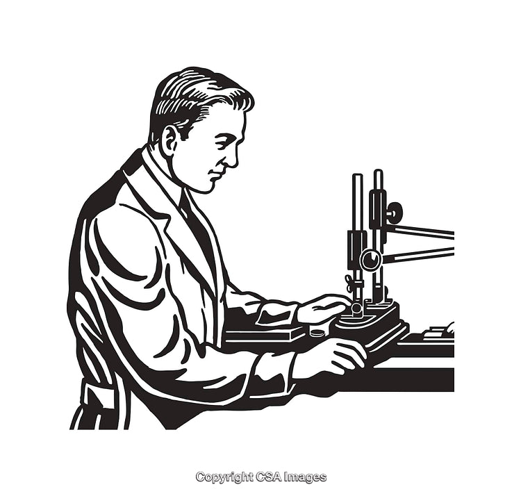 Scientist Operating Laboratory Instrument in Detailed Black and White Line Art