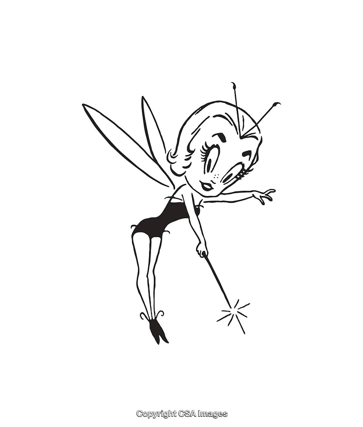 Vintage Black and White Fairy Illustration with Magic Wand