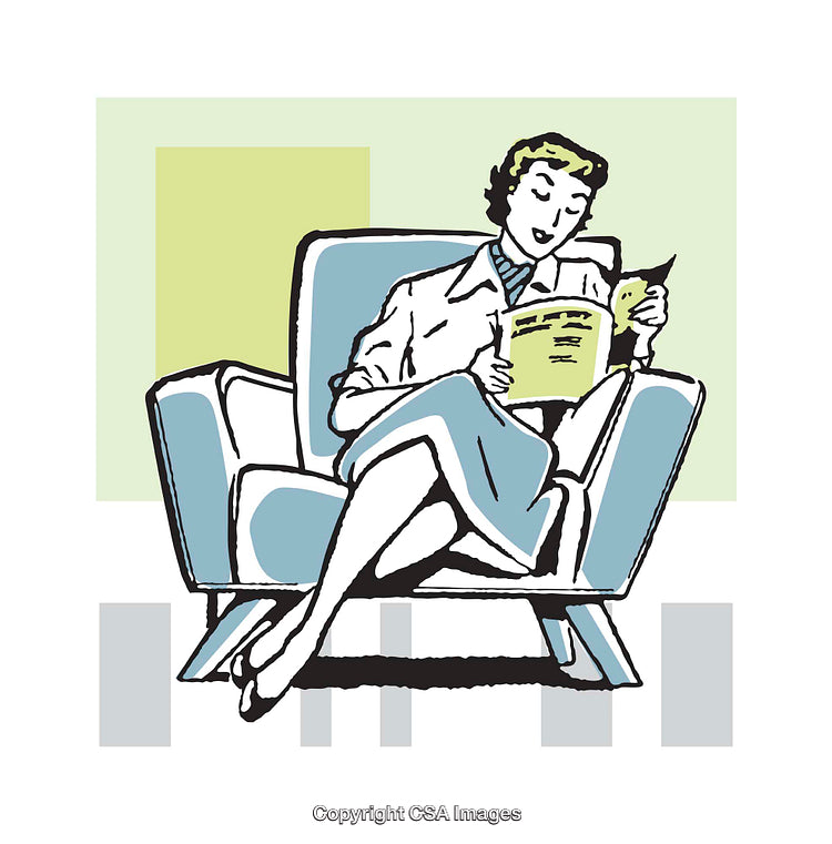 Retro Illustration of a Woman Relaxing in an Armchair Reading a Book