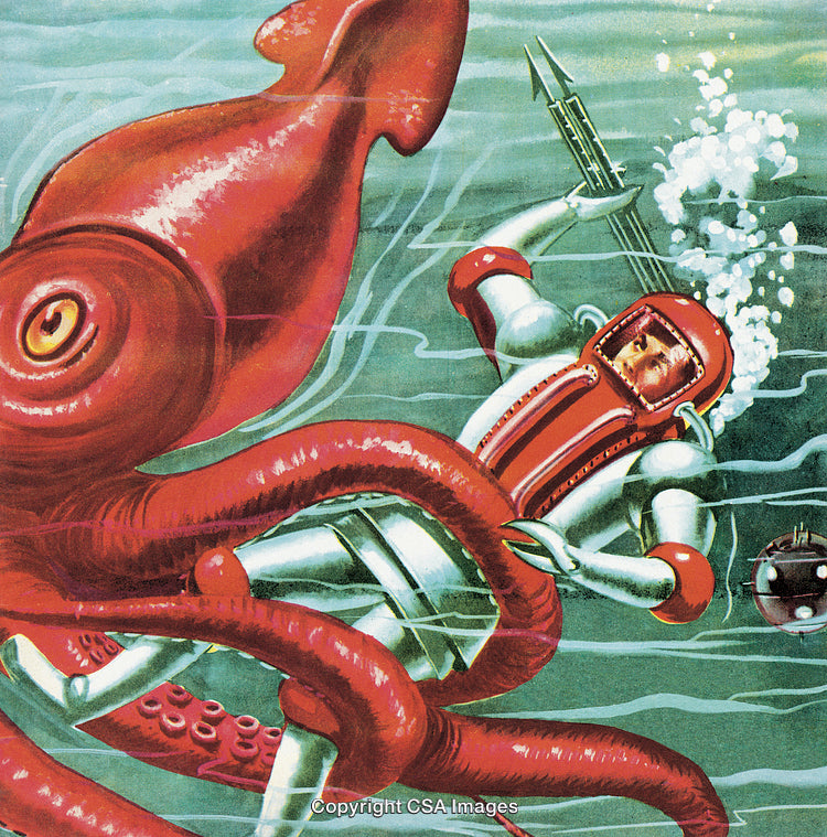 Underwater Diver Battles Giant Squid in Vintage Science Illustration