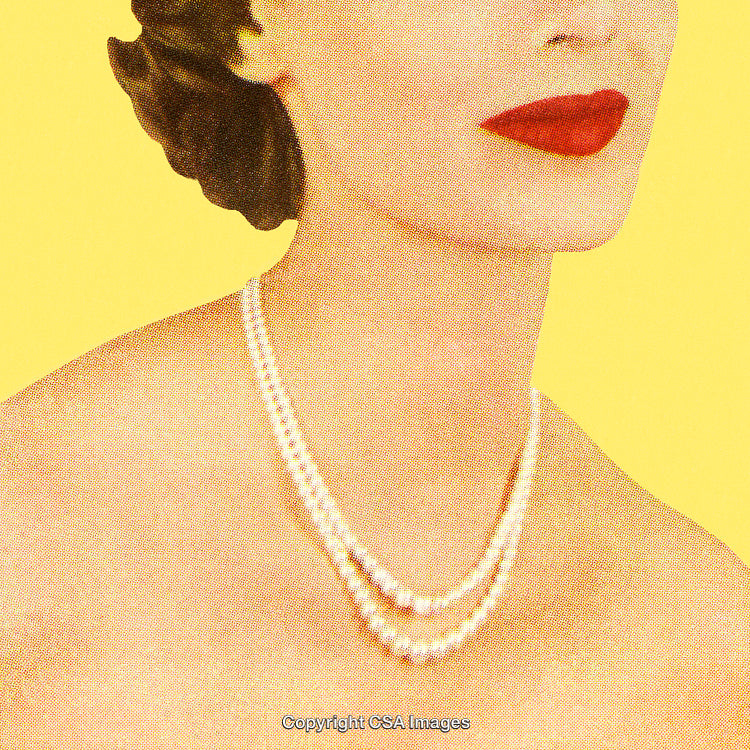 Elegant Woman with Red Lips and Pearl Necklace on Yellow Background