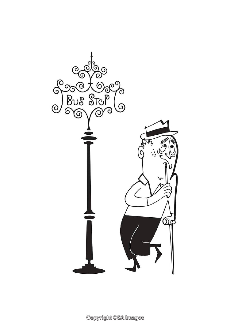 Black and White Line Art of a Person Waiting at a Bus Stop