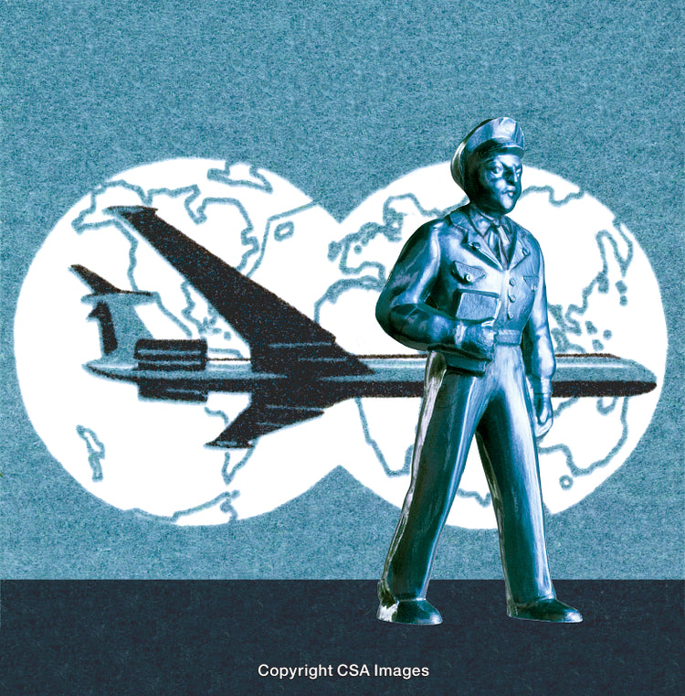 Illustration of Air Force Pilot Figure with Airplane and Globe Background