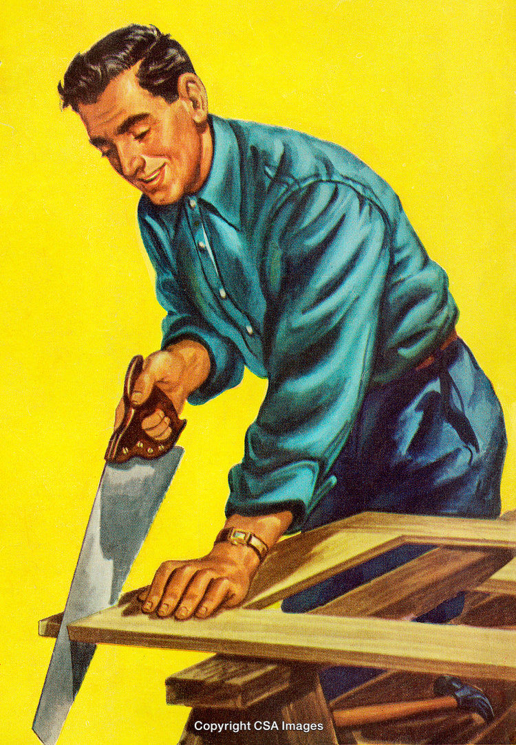 Vintage Illustration of a Man Sawing Wood in a Workshop