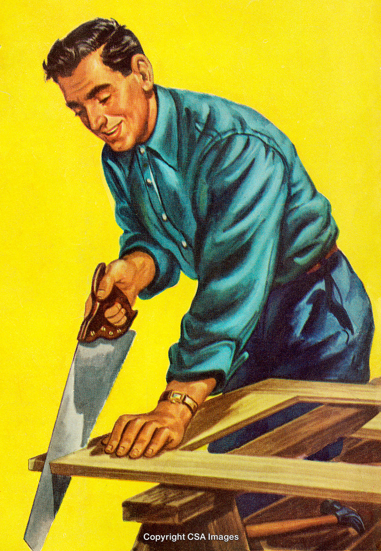 Vintage Illustration of a Man Sawing Wood in a Workshop