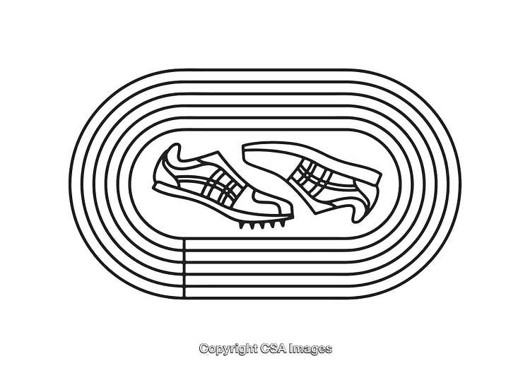 Black and White Line Art of Track Shoes and Racing Track