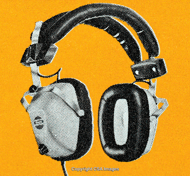 Vintage Style Headphones Artwork on Vibrant Yellow Background with Dot Screen Effect