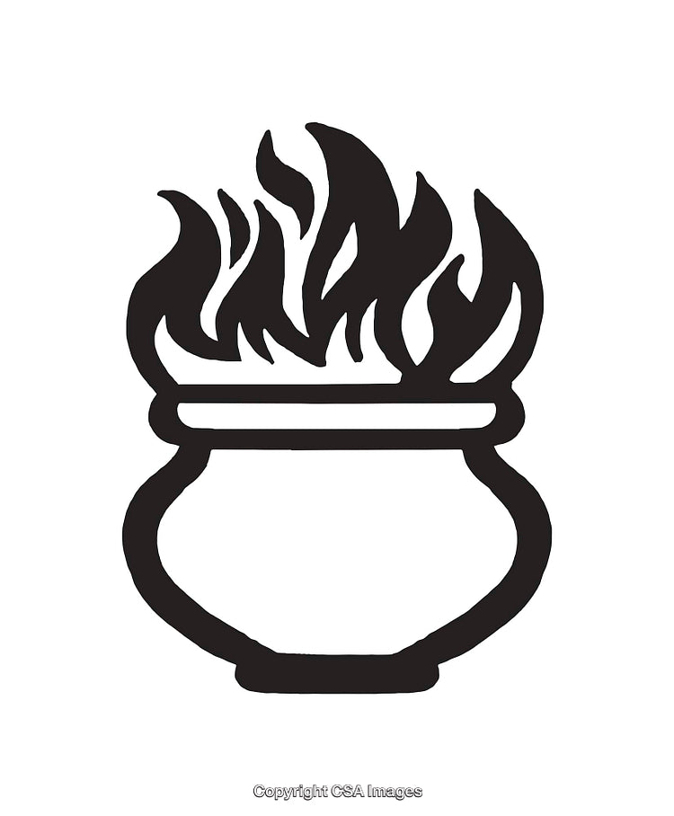 Black and White Line Art Illustration of a Flaming Cauldron Symbol