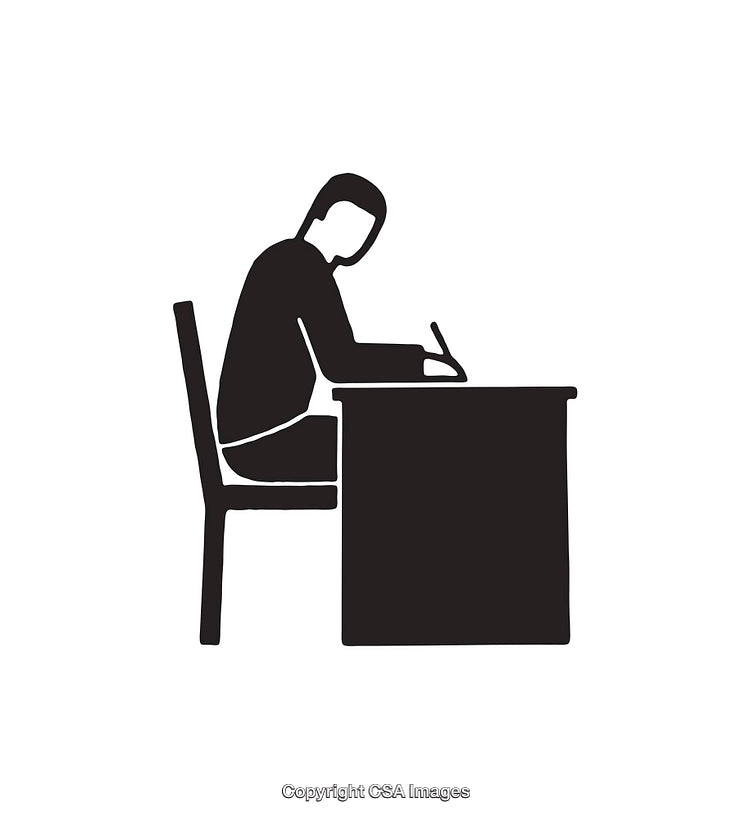 Silhouette of a Person Writing at a Desk in Black and White