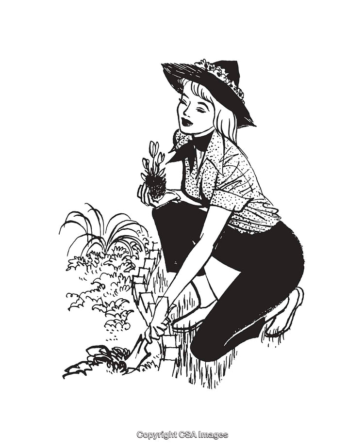Woman Gardening with Floral Hat in Black and White Line Art Illustration