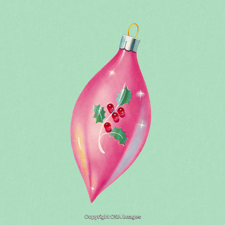 Pink Christmas Ornament with Holly Decoration on Pastel Background