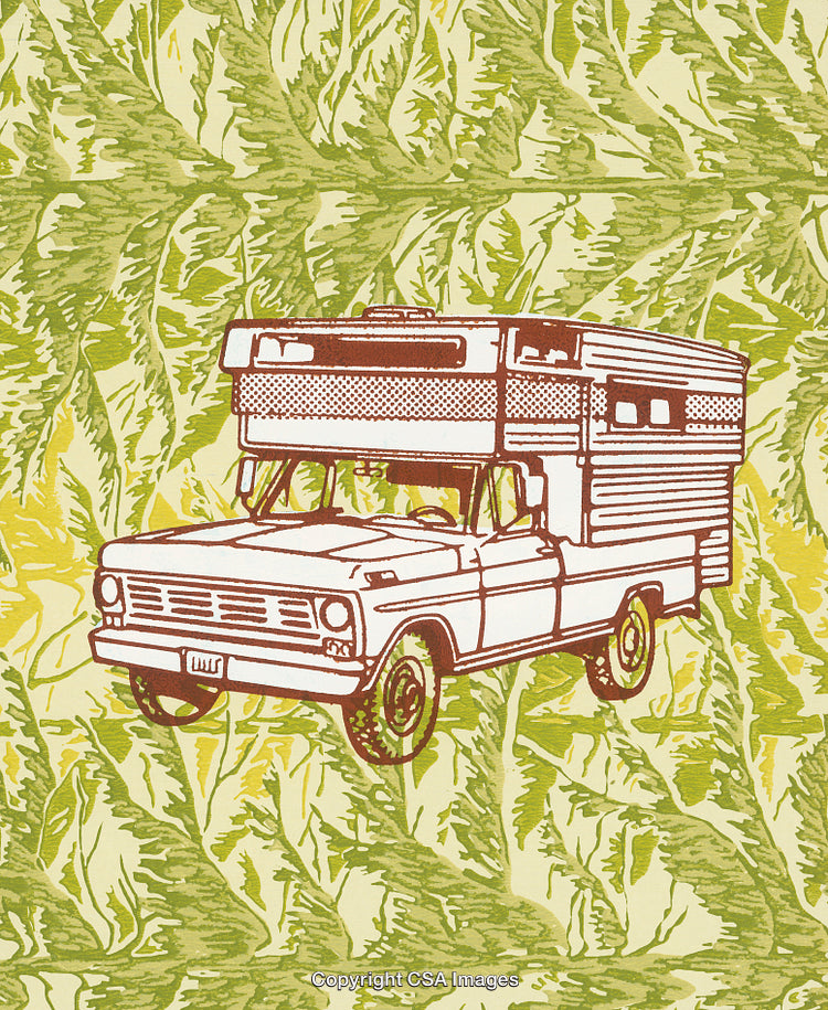 Retro Style Camper Truck Artwork on Vibrant Leaf Background