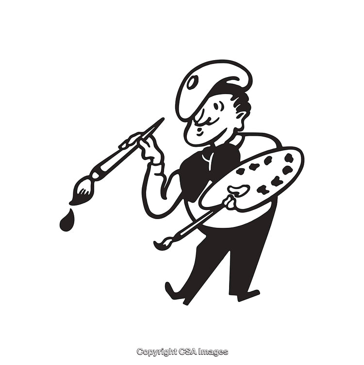 Black and White Line Art of a Happy Artist Creating Artwork