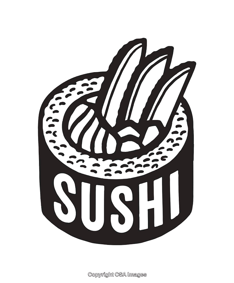 Black and White Sushi Roll Artwork With Line Art Illustration