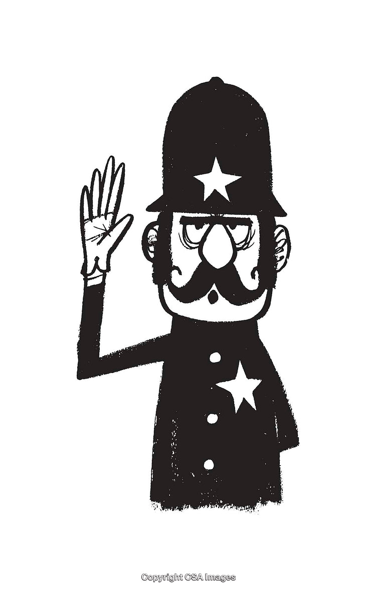 Black And White Illustration of a Saluting Cartoon Police Officer