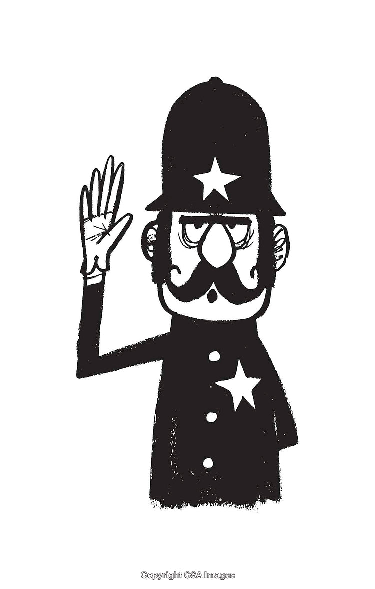 Black And White Illustration of a Saluting Cartoon Police Officer