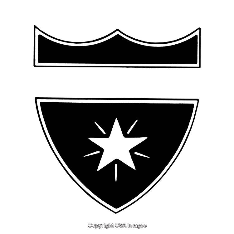 Black and White Shield Design with Star and Crown Symbols