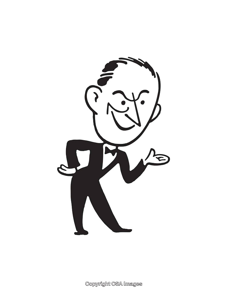 Black and White Retro Male Character Illustration in Suit and Bow Tie